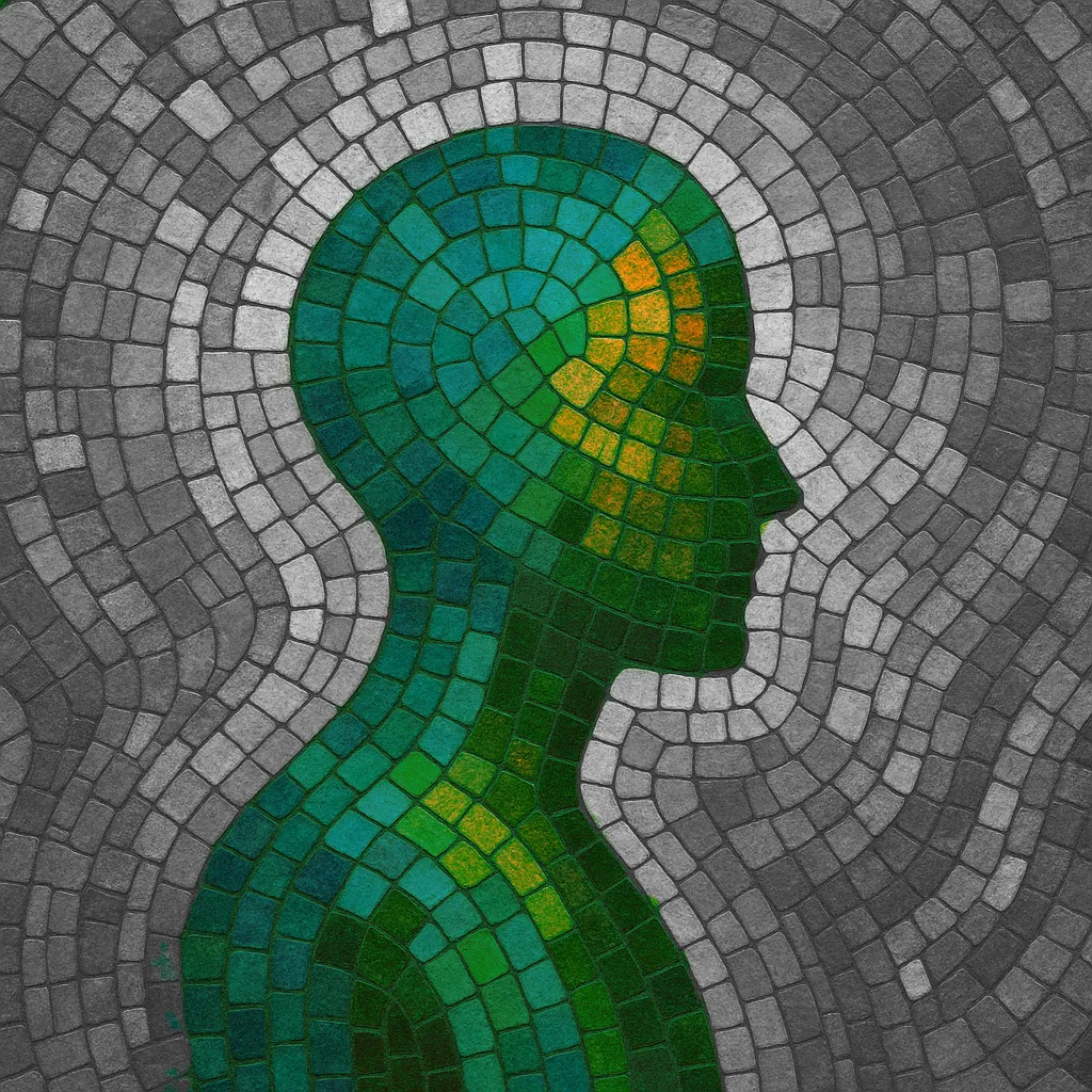 Ein Mosaik einer Person in Grüntönen mit grauem Hintergrund aus vielen kleineren Kacheln